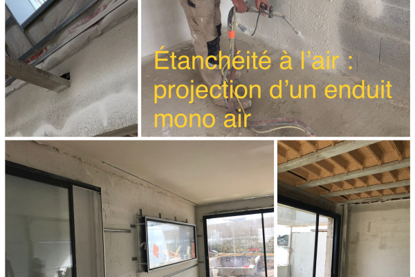 Etanchéité à l'air avec enduit projeté type mono air ( AEROBLUE - RFILTER )